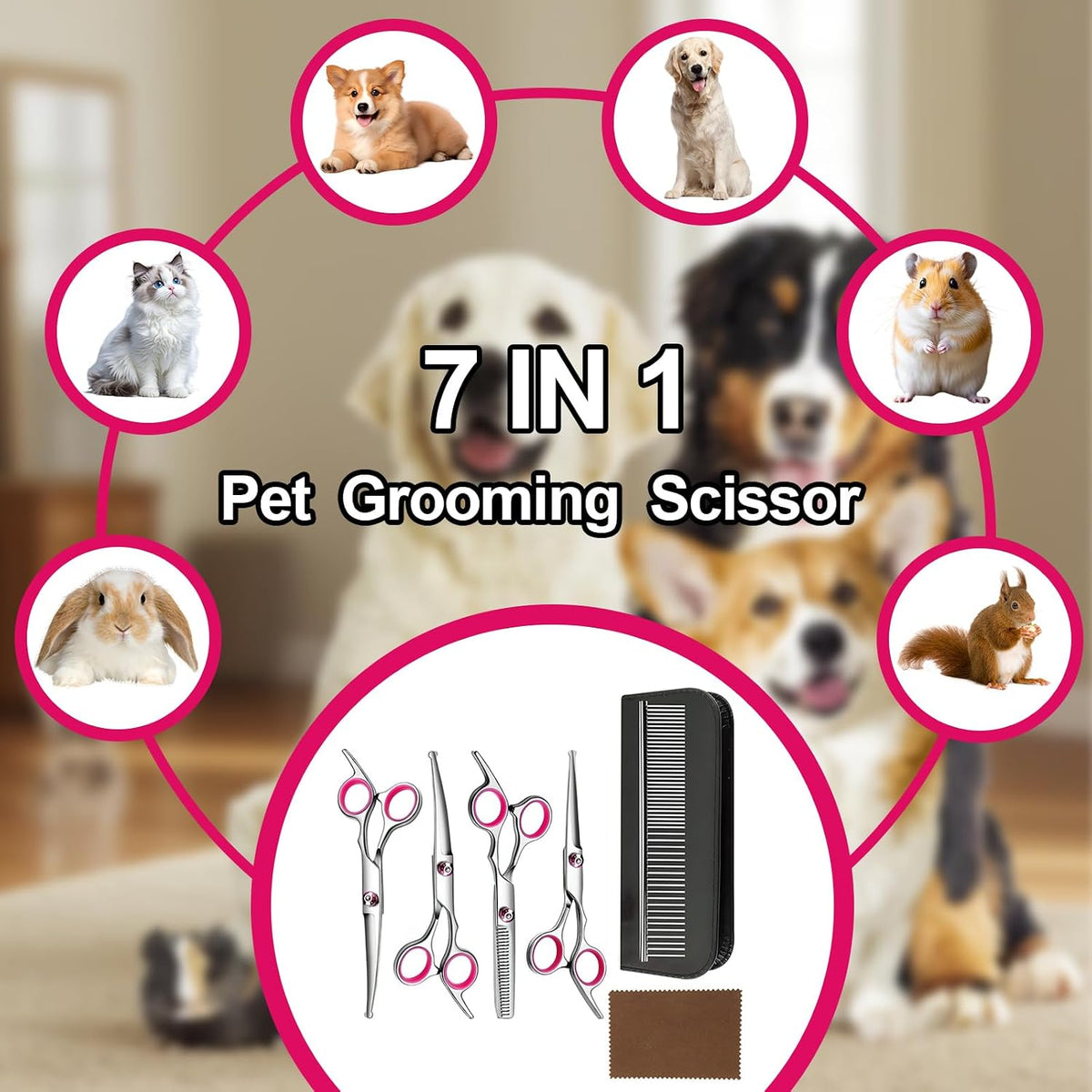 Dog Grooming Scissor, 7-in-1 Pet Grooming Scissor for Dogs, Professional Dog Grooming Kit with Safety Round Tips, Titanium Coated Cat Scissors Kit for Home Grooming (Pink)