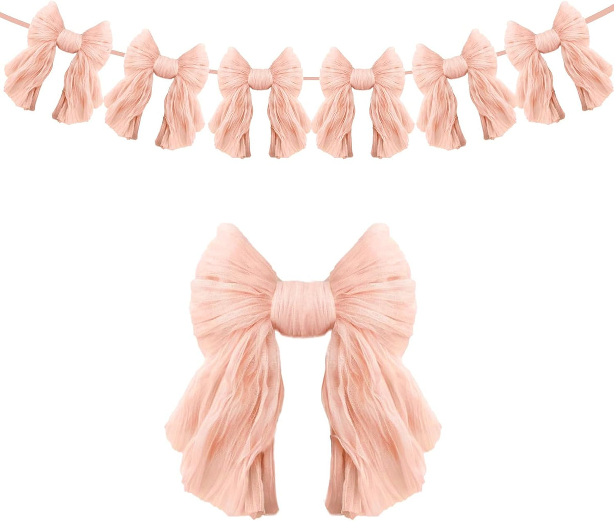 1 String of 6 Peach Bows Garland Banner Decoration, Adjustable Pre-Strung Ornaments for Birthday, Bachelorette Party, Bridal Shower, Wedding, Engagement, Baby Shower, Graduation Decor, Anniversary