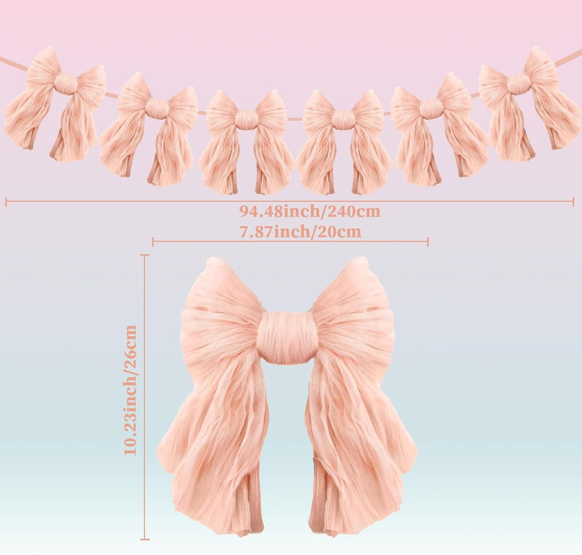 1 String of 6 Peach Bows Garland Banner Decoration, Adjustable Pre-Strung Ornaments for Birthday, Bachelorette Party, Bridal Shower, Wedding, Engagement, Baby Shower, Graduation Decor, Anniversary