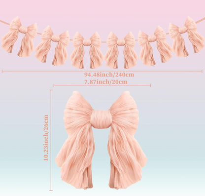 1 String of 6 Peach Bows Garland Banner Decoration, Adjustable Pre-Strung Ornaments for Birthday, Bachelorette Party, Bridal Shower, Wedding, Engagement, Baby Shower, Graduation Decor, Anniversary