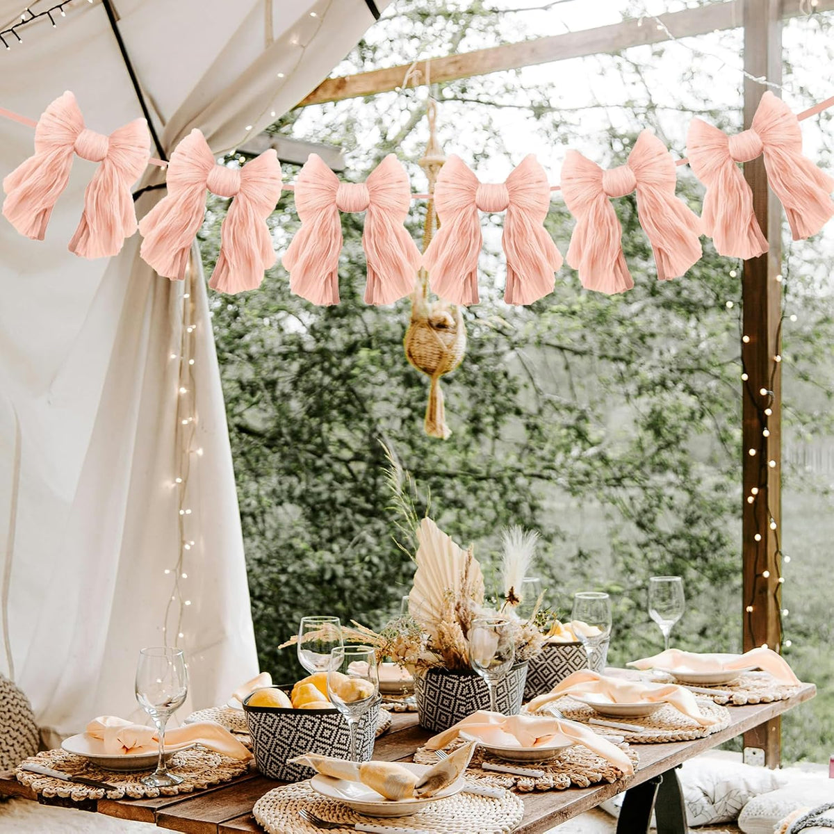 1 String of 6 Peach Bows Garland Banner Decoration, Adjustable Pre-Strung Ornaments for Birthday, Bachelorette Party, Bridal Shower, Wedding, Engagement, Baby Shower, Graduation Decor, Anniversary
