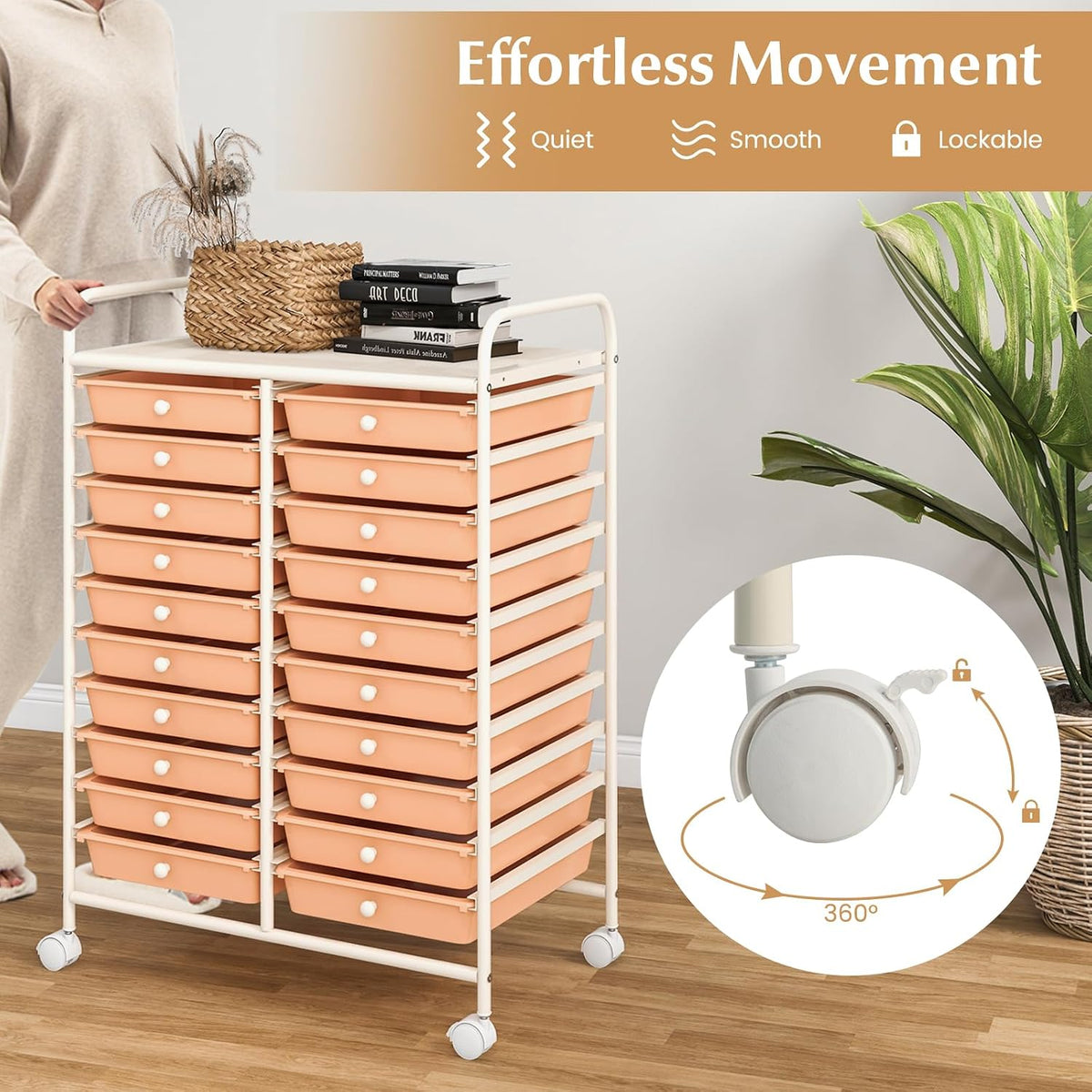 20-Drawer Rolling Storage Cart, Multifunctional Art Craft Organizer Cart, Mobile Utility Storage Cart with Removable Drawers & Lockable Wheels, Craft Cart for Home Office, Peach Fuzz