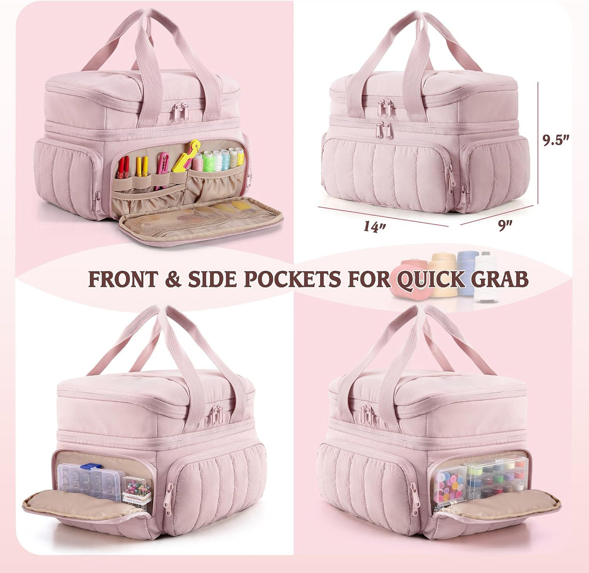 Sewing Organizer Bag with Detachable Dividers, Pink (Bag Only)