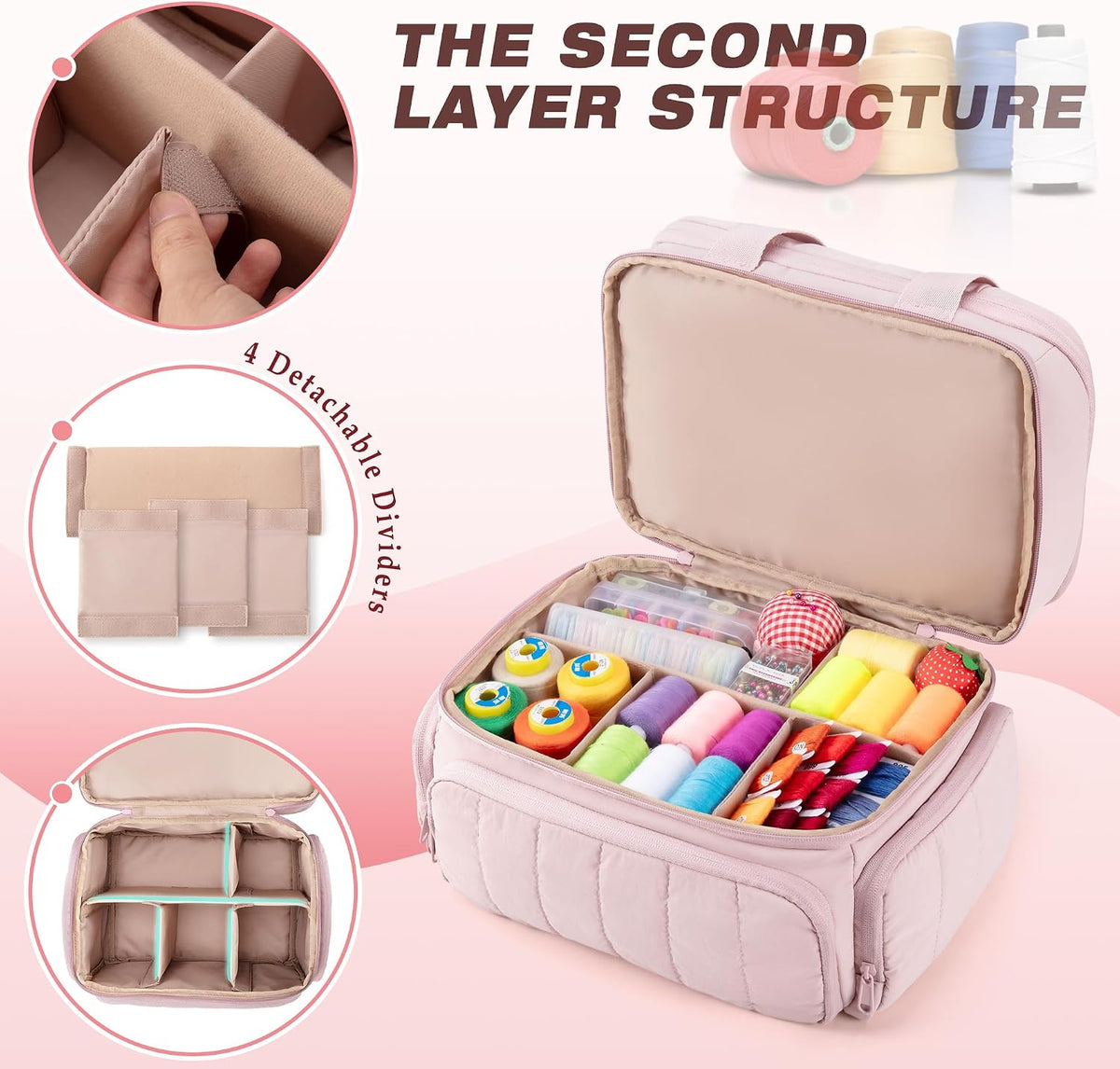 Sewing Organizer Bag with Detachable Dividers, Pink (Bag Only)