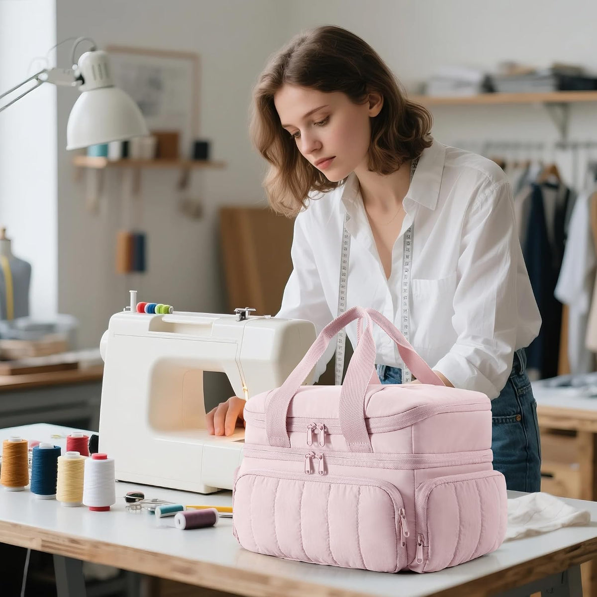 Sewing Organizer Bag with Detachable Dividers, Pink (Bag Only)
