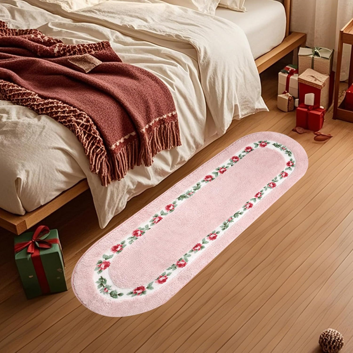 Rose Floral Area Rugs Ultra Soft Low Pile Shag Rug, Non Slip Washable Modern Floor Mat Pad for Living Room Bedroom Bathroom Dorm Kitchen Entryway 49.2 x 17.7 INCH (Oval, Pink)