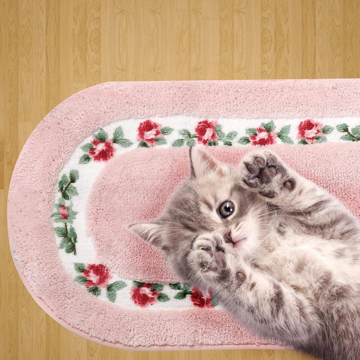 Rose Floral Area Rugs Ultra Soft Low Pile Shag Rug, Non Slip Washable Modern Floor Mat Pad for Living Room Bedroom Bathroom Dorm Kitchen Entryway 49.2 x 17.7 INCH (Oval, Pink)