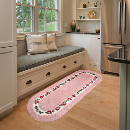 Rose Floral Area Rugs Ultra Soft Low Pile Shag Rug, Non Slip Washable Modern Floor Mat Pad for Living Room Bedroom Bathroom Dorm Kitchen Entryway 49.2 x 17.7 INCH (Oval, Pink)