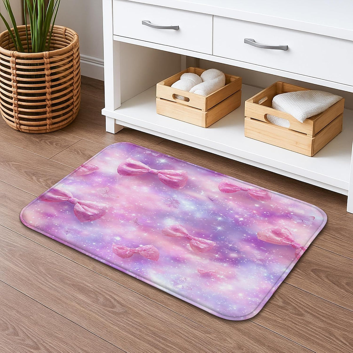 Bow Pattern Quick Dry Bath Mat, Fanciful Peach Bows Decorative Non Slip Shower Mat, Dreamy Memory Foam Washable Bath Rugs for Bathroom Toilet Restroom 20x32 Inch