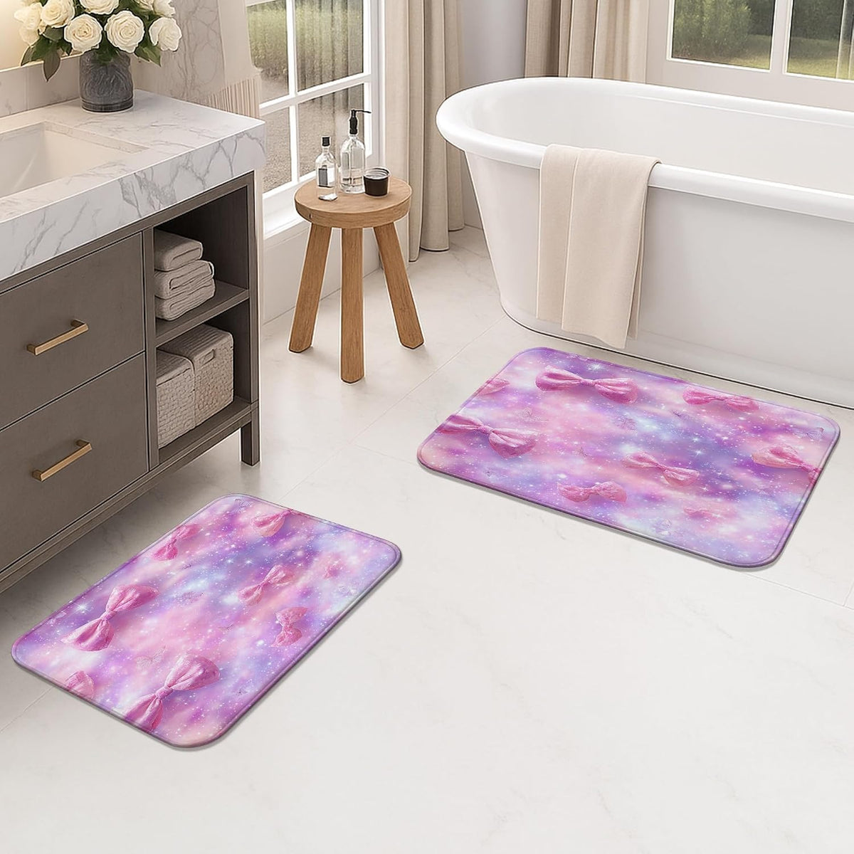 Bow Pattern Quick Dry Bath Mat, Fanciful Peach Bows Decorative Non Slip Shower Mat, Dreamy Memory Foam Washable Bath Rugs for Bathroom Toilet Restroom 20x32 Inch