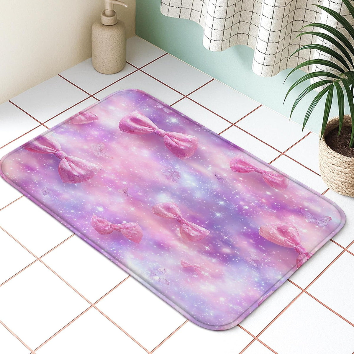 Bow Pattern Quick Dry Bath Mat, Fanciful Peach Bows Decorative Non Slip Shower Mat, Dreamy Memory Foam Washable Bath Rugs for Bathroom Toilet Restroom 20x32 Inch