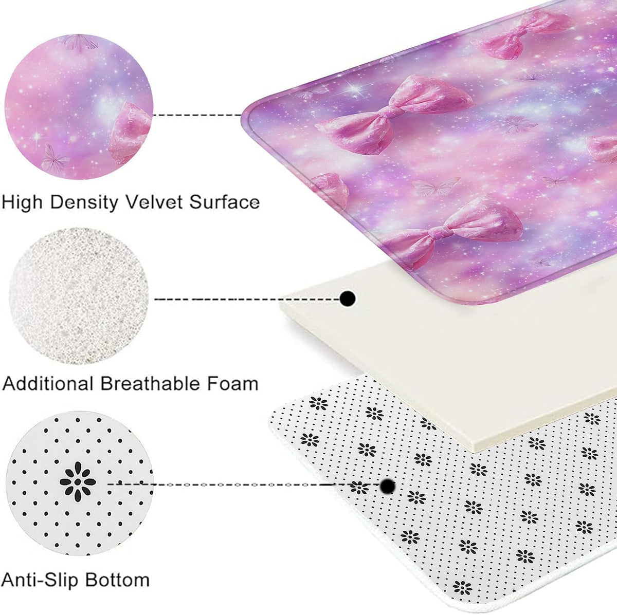 Bow Pattern Quick Dry Bath Mat, Fanciful Peach Bows Decorative Non Slip Shower Mat, Dreamy Memory Foam Washable Bath Rugs for Bathroom Toilet Restroom 20x32 Inch