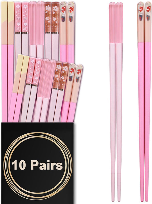 Chopsticks Reusable Dishwasher Safe, 10 Pairs 9.5 Inches Premium Fiberglass Chop Sticks Set for Sushi, Ramen, Asian Cuisine, Non-slip, Pink