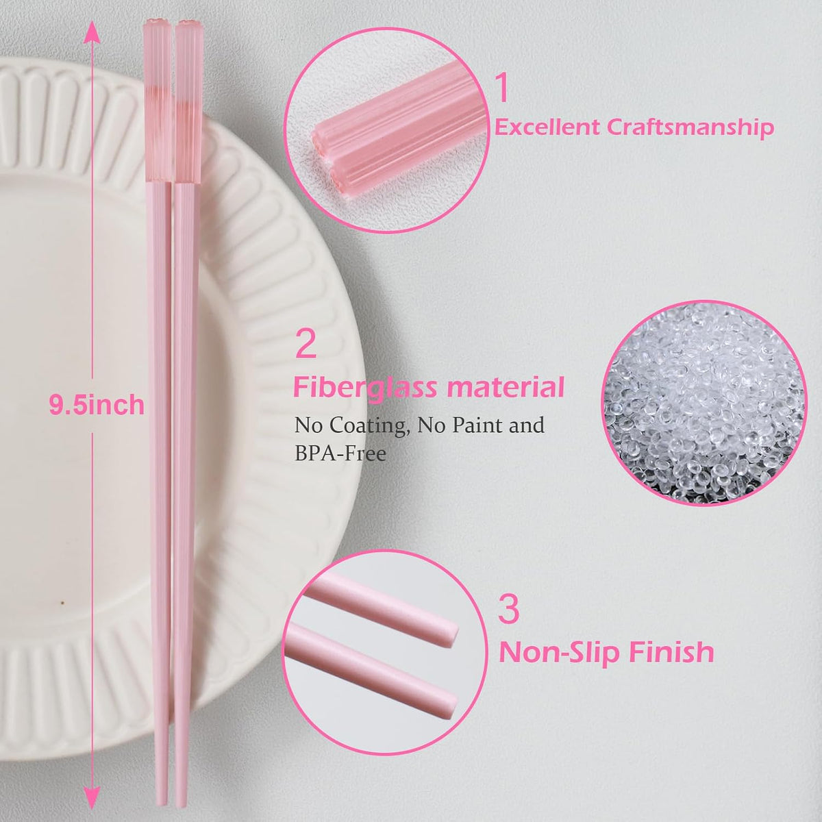 Chopsticks Reusable Dishwasher Safe, 10 Pairs 9.5 Inches Premium Fiberglass Chop Sticks Set for Sushi, Ramen, Asian Cuisine, Non-slip, Pink
