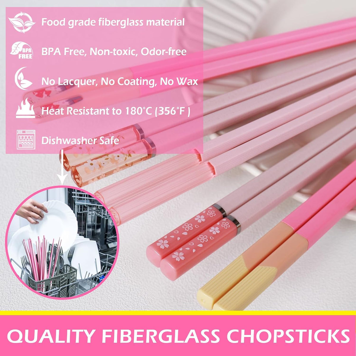 Chopsticks Reusable Dishwasher Safe, 10 Pairs 9.5 Inches Premium Fiberglass Chop Sticks Set for Sushi, Ramen, Asian Cuisine, Non-slip, Pink