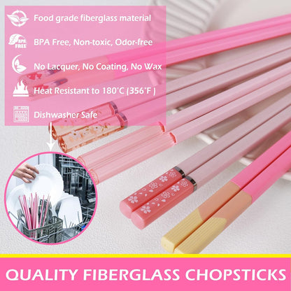 Chopsticks Reusable Dishwasher Safe, 10 Pairs 9.5 Inches Premium Fiberglass Chop Sticks Set for Sushi, Ramen, Asian Cuisine, Non-slip, Pink