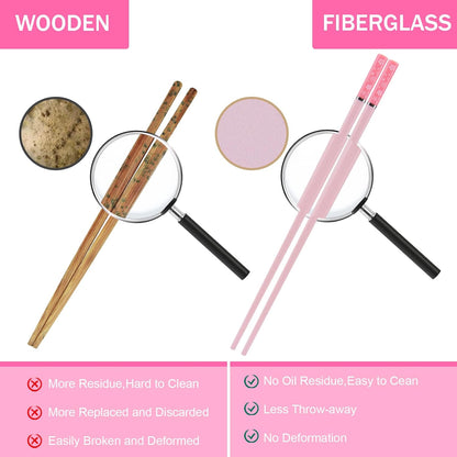 Chopsticks Reusable Dishwasher Safe, 10 Pairs 9.5 Inches Premium Fiberglass Chop Sticks Set for Sushi, Ramen, Asian Cuisine, Non-slip, Pink