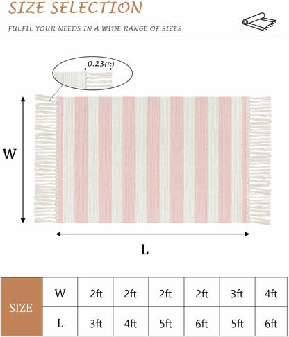 Pink Stripes Bathroom Rug 2'x3', Woven Cotton Area Rug with Tassels Washable Front Door Rugs, Farmhouse White Simple Vertical Striped Non Slip Throw Runner Rug Carpet for Entry Laundry Kitchen