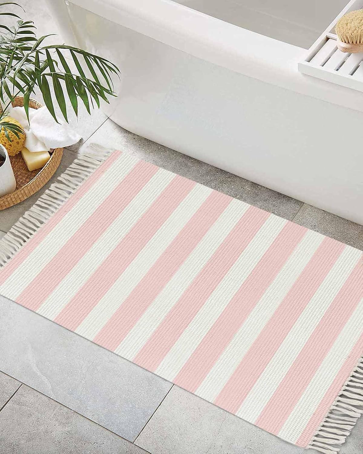 Pink Stripes Bathroom Rug 2'x3', Woven Cotton Area Rug with Tassels Washable Front Door Rugs, Farmhouse White Simple Vertical Striped Non Slip Throw Runner Rug Carpet for Entry Laundry Kitchen