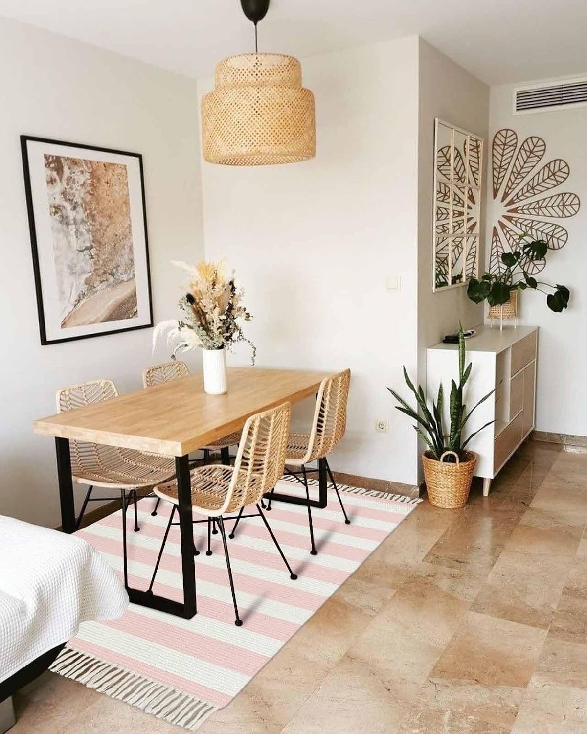 Pink Stripes Bathroom Rug 2'x3', Woven Cotton Area Rug with Tassels Washable Front Door Rugs, Farmhouse White Simple Vertical Striped Non Slip Throw Runner Rug Carpet for Entry Laundry Kitchen