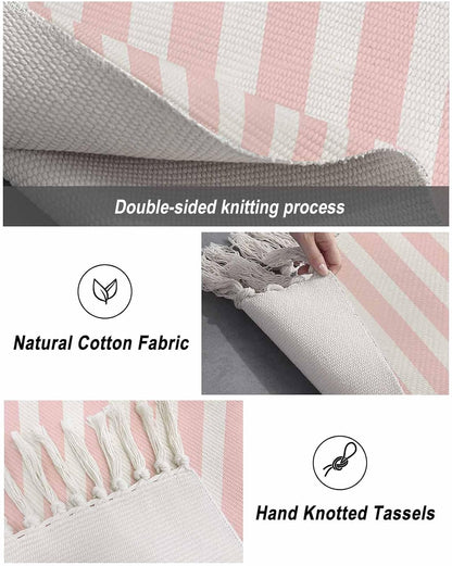 Pink Stripes Bathroom Rug 2'x3', Woven Cotton Area Rug with Tassels Washable Front Door Rugs, Farmhouse White Simple Vertical Striped Non Slip Throw Runner Rug Carpet for Entry Laundry Kitchen
