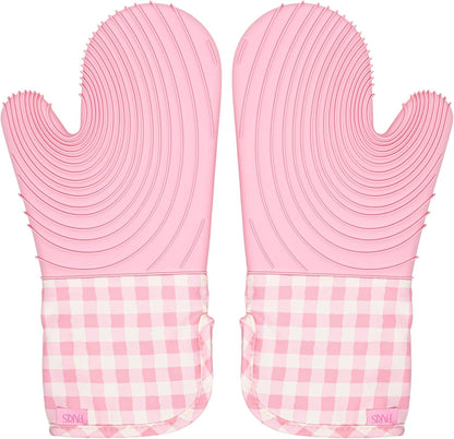 Paris Hilton Oven Mitt Set with Limited Edition Pink Gingham Design, Heat Resistant Pot Holders Featuring Non-Slip Textured Silicone Grips, 2-Piece Set, Pink