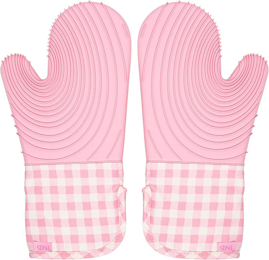 Paris Hilton Oven Mitt Set with Limited Edition Pink Gingham Design, Heat Resistant Pot Holders Featuring Non-Slip Textured Silicone Grips, 2-Piece Set, Pink