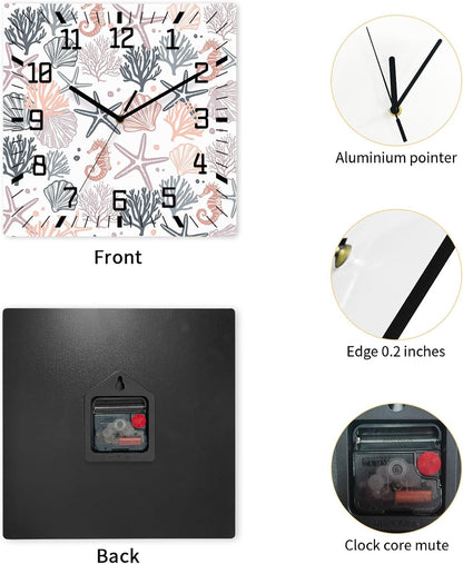 Wall Clock 10in Pink Starfish Silent Non Ticking Square Wall Clock Shell Coral Marine Life Decorative Clock for Living Room Bedroom Office Kitchen Decor