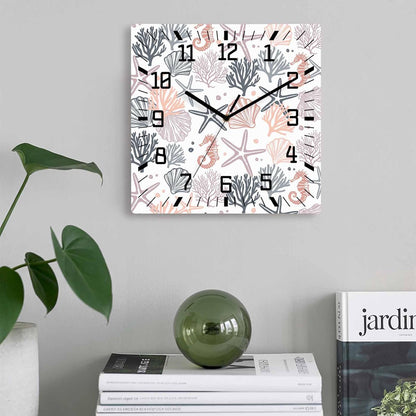 Wall Clock 10in Pink Starfish Silent Non Ticking Square Wall Clock Shell Coral Marine Life Decorative Clock for Living Room Bedroom Office Kitchen Decor