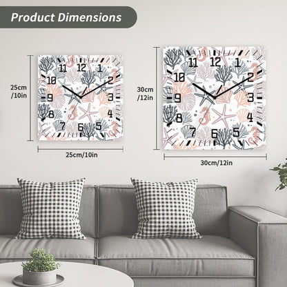Wall Clock 10in Pink Starfish Silent Non Ticking Square Wall Clock Shell Coral Marine Life Decorative Clock for Living Room Bedroom Office Kitchen Decor