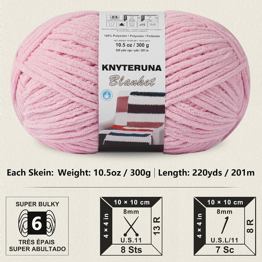 #6 Super Bulky Blanket Yarn for Crocheting - 4 Skeins(Each 10.5oz/300g, 220yds/201m), Chunky Chenille Thick Plush Big Soft Yarn for Crocheting Knitting Blankets, Pink