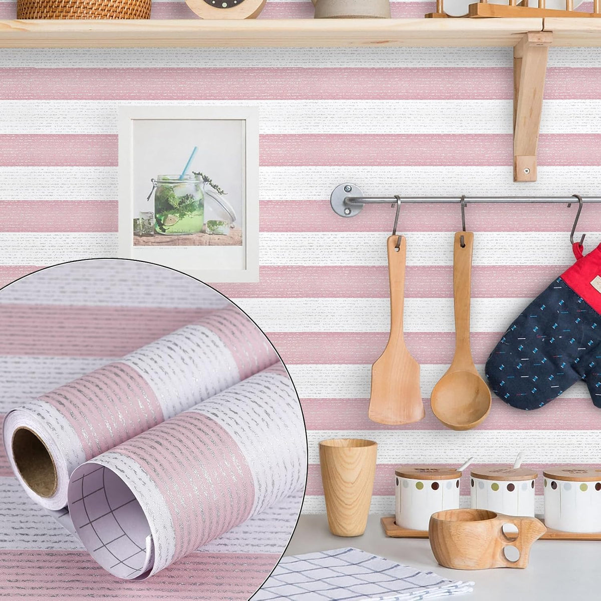 Striped Pink and White Wallpaper Peel and Stick Boho Silver Stripe Textured Contact Paper 15.7"x118" Self Adhesive Removable Waterproof Wallpaper for Bedroom,Cabinets,Drawer Liners