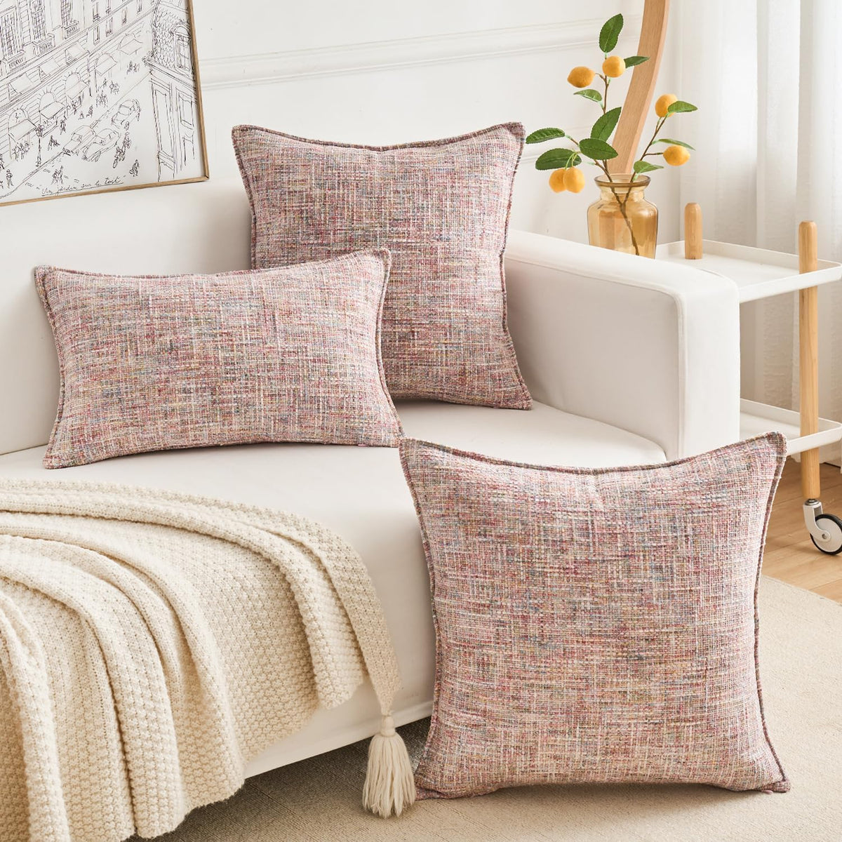 Premium Series Tweed Style Throw Pillow Cover, Linen Woven Textured Luxury Thick Cushion Case for Home Décor, Pastel Pink, 18x18 Inch