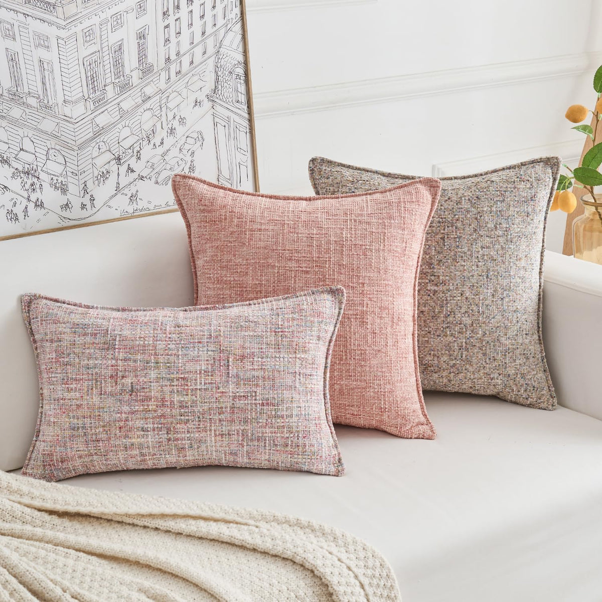 Premium Series Tweed Style Throw Pillow Cover, Linen Woven Textured Luxury Thick Cushion Case for Home Décor, Pastel Pink, 18x18 Inch