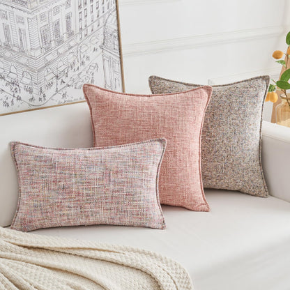 Premium Series Tweed Style Throw Pillow Cover, Linen Woven Textured Luxury Thick Cushion Case for Home Décor, Pastel Pink, 18x18 Inch
