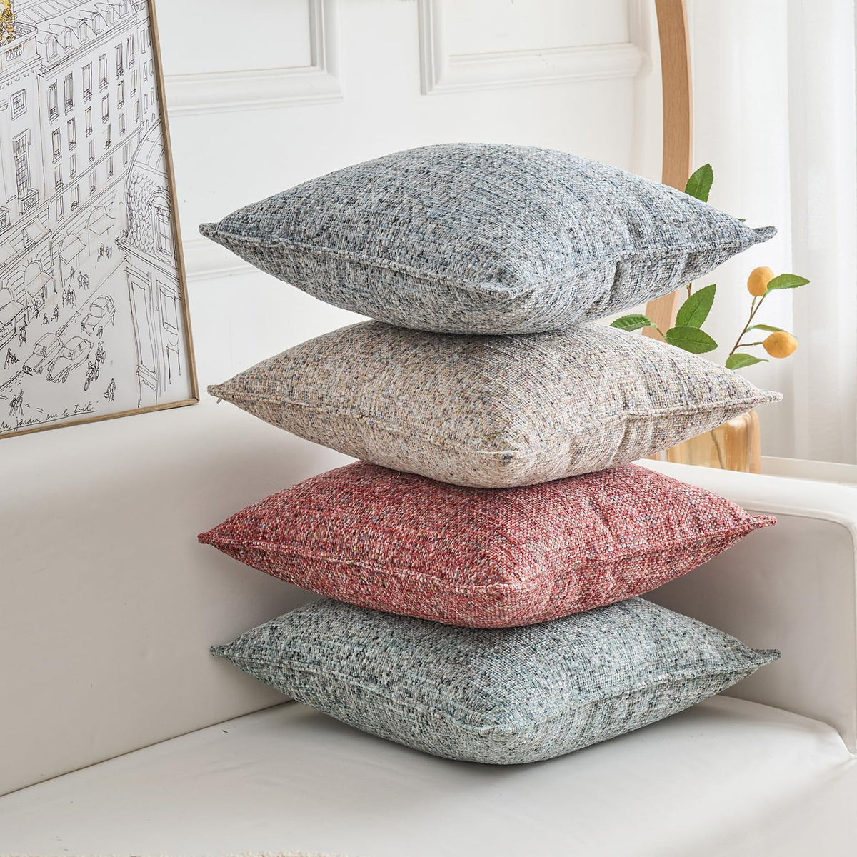 Premium Series Tweed Style Throw Pillow Cover, Linen Woven Textured Luxury Thick Cushion Case for Home Décor, Pastel Pink, 18x18 Inch