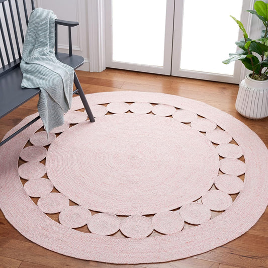 Cape Cod Collection Area Rug - 4' Round, Pink, Handmade Braided, Ideal for High Traffic Areas in Living Room, Bedroom (CAP225U)