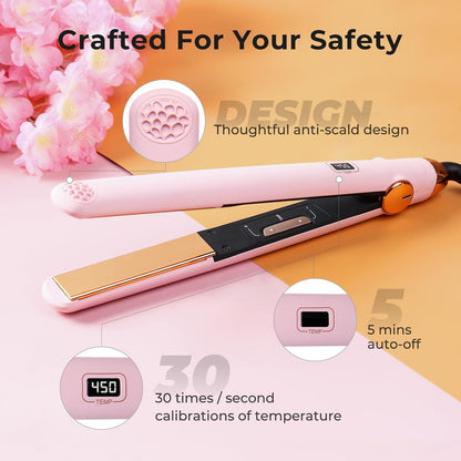 TYMO Flat Iron Hair Straightener and Curler 2 in 1 with 10s Fast Heating, 1 Inch Professional Titanium Straightening Curling Iron with 32 Adjustable Temp and Automatic Shut Off, Light Pink