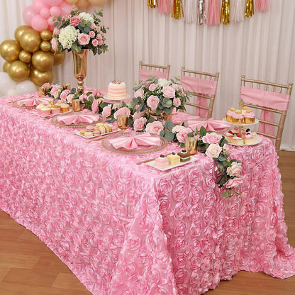 Tablecloth for Parties 90x132 Inches Pink Rosette Tablecloth Rectangle Satin Overlay 3D Floral Tablecloth for Wedding Party Event