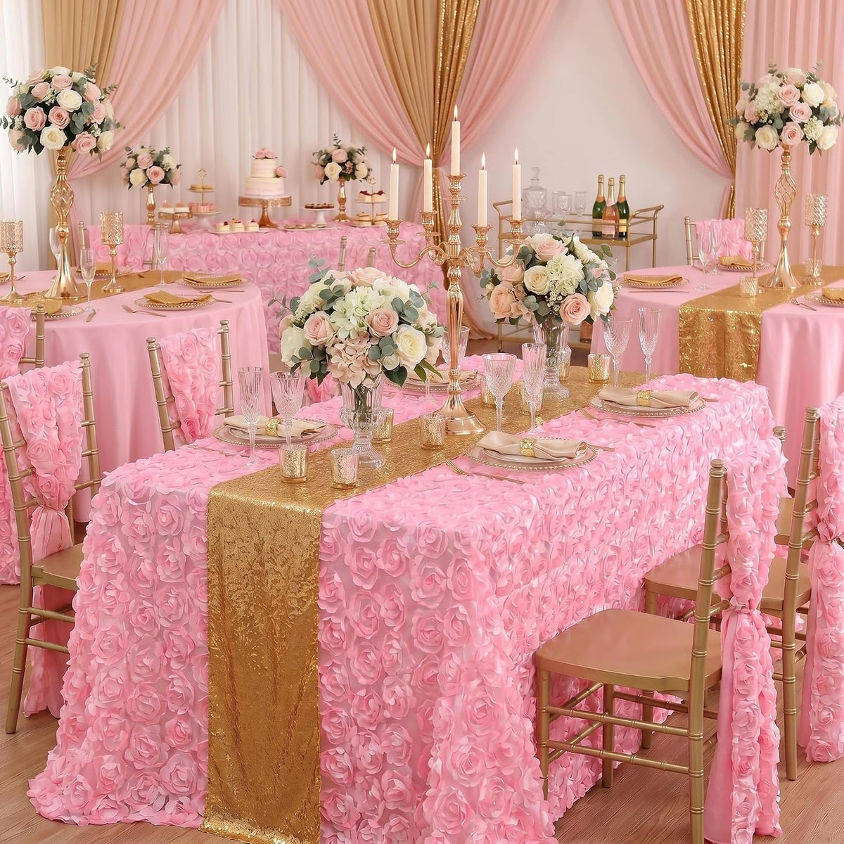 Tablecloth for Parties 90x132 Inches Pink Rosette Tablecloth Rectangle Satin Overlay 3D Floral Tablecloth for Wedding Party Event