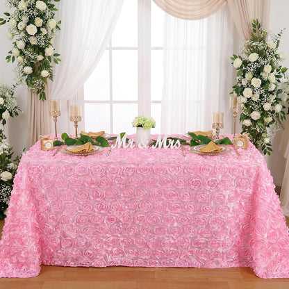 Tablecloth for Parties 90x132 Inches Pink Rosette Tablecloth Rectangle Satin Overlay 3D Floral Tablecloth for Wedding Party Event