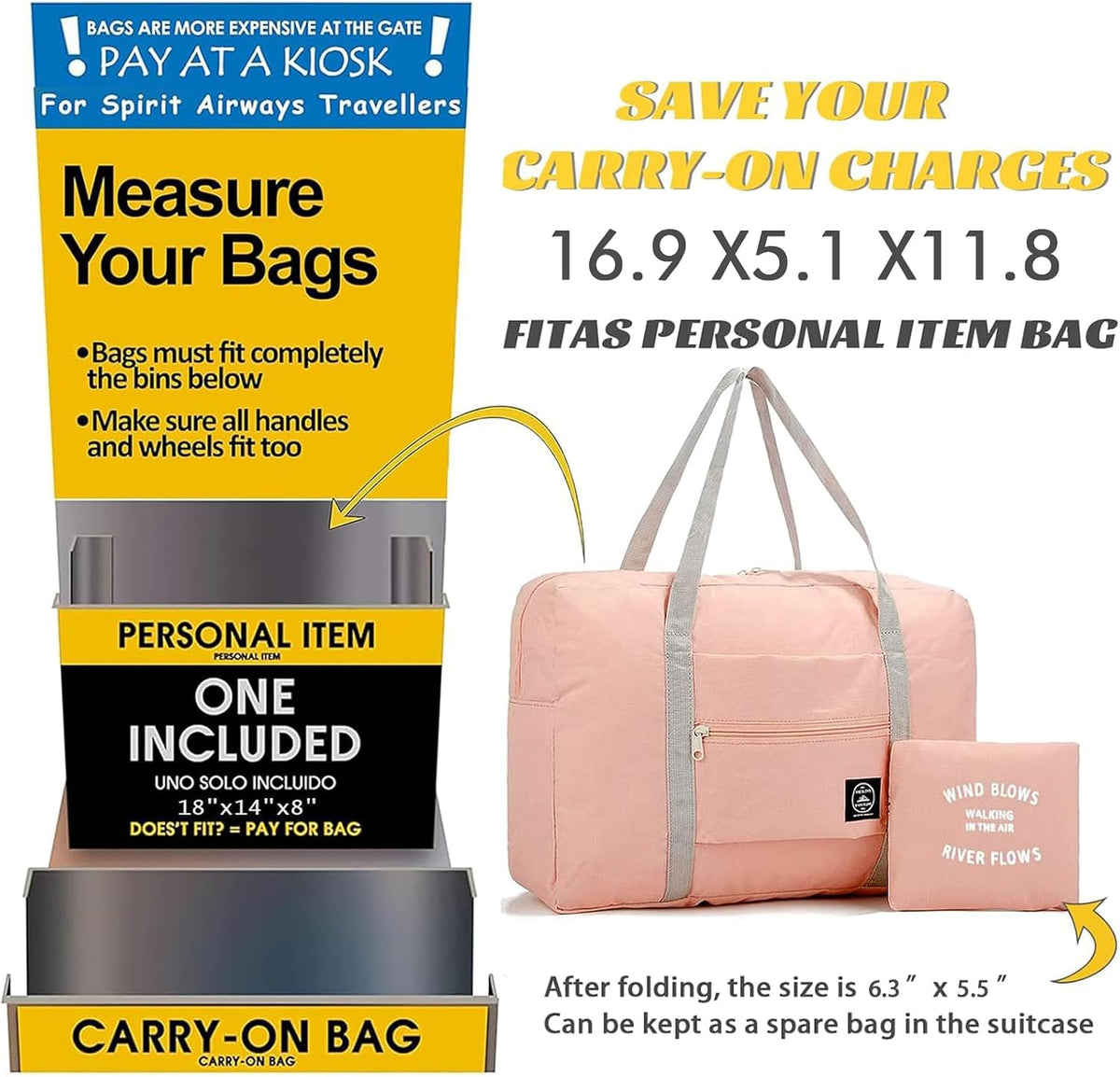 Foldable Travel Duffel Bag Tote Carry on Luggage Bag Spirit Airlines Personal item Sports Gym Bag Water Resistant Weekender Overnight Bags for Women and Men (Pink)