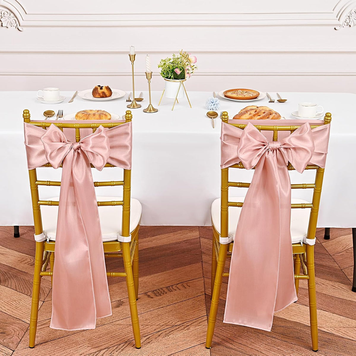 60 PCS Rose Gold Satin Chair Sashes, 7x108 Inch Ties Chair Bows