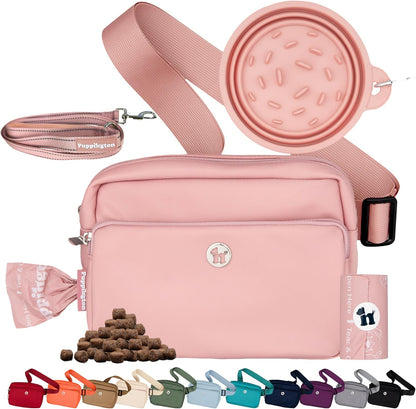 3-in-1 Crossbody Dog Treat Pouch for Pet Training - Compostable Poop Bags, Built-In Poop Bag Dispenser, Slow-Feeding Travel Dog Bowl & Reflective Leash - Dog Walking Bag (Blush Pink)