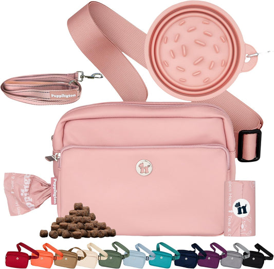 3-in-1 Crossbody Dog Treat Pouch for Pet Training - Compostable Poop Bags, Built-In Poop Bag Dispenser, Slow-Feeding Travel Dog Bowl & Reflective Leash - Dog Walking Bag (Blush Pink)