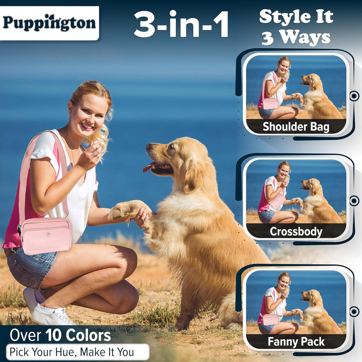 3-in-1 Crossbody Dog Treat Pouch for Pet Training - Compostable Poop Bags, Built-In Poop Bag Dispenser, Slow-Feeding Travel Dog Bowl & Reflective Leash - Dog Walking Bag (Blush Pink)