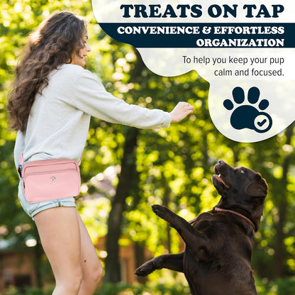 3-in-1 Crossbody Dog Treat Pouch for Pet Training - Compostable Poop Bags, Built-In Poop Bag Dispenser, Slow-Feeding Travel Dog Bowl & Reflective Leash - Dog Walking Bag (Blush Pink)