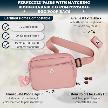 3-in-1 Crossbody Dog Treat Pouch for Pet Training - Compostable Poop Bags, Built-In Poop Bag Dispenser, Slow-Feeding Travel Dog Bowl & Reflective Leash - Dog Walking Bag (Blush Pink)