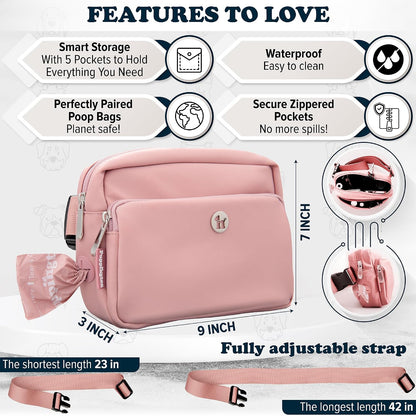 3-in-1 Crossbody Dog Treat Pouch for Pet Training - Compostable Poop Bags, Built-In Poop Bag Dispenser, Slow-Feeding Travel Dog Bowl & Reflective Leash - Dog Walking Bag (Blush Pink)