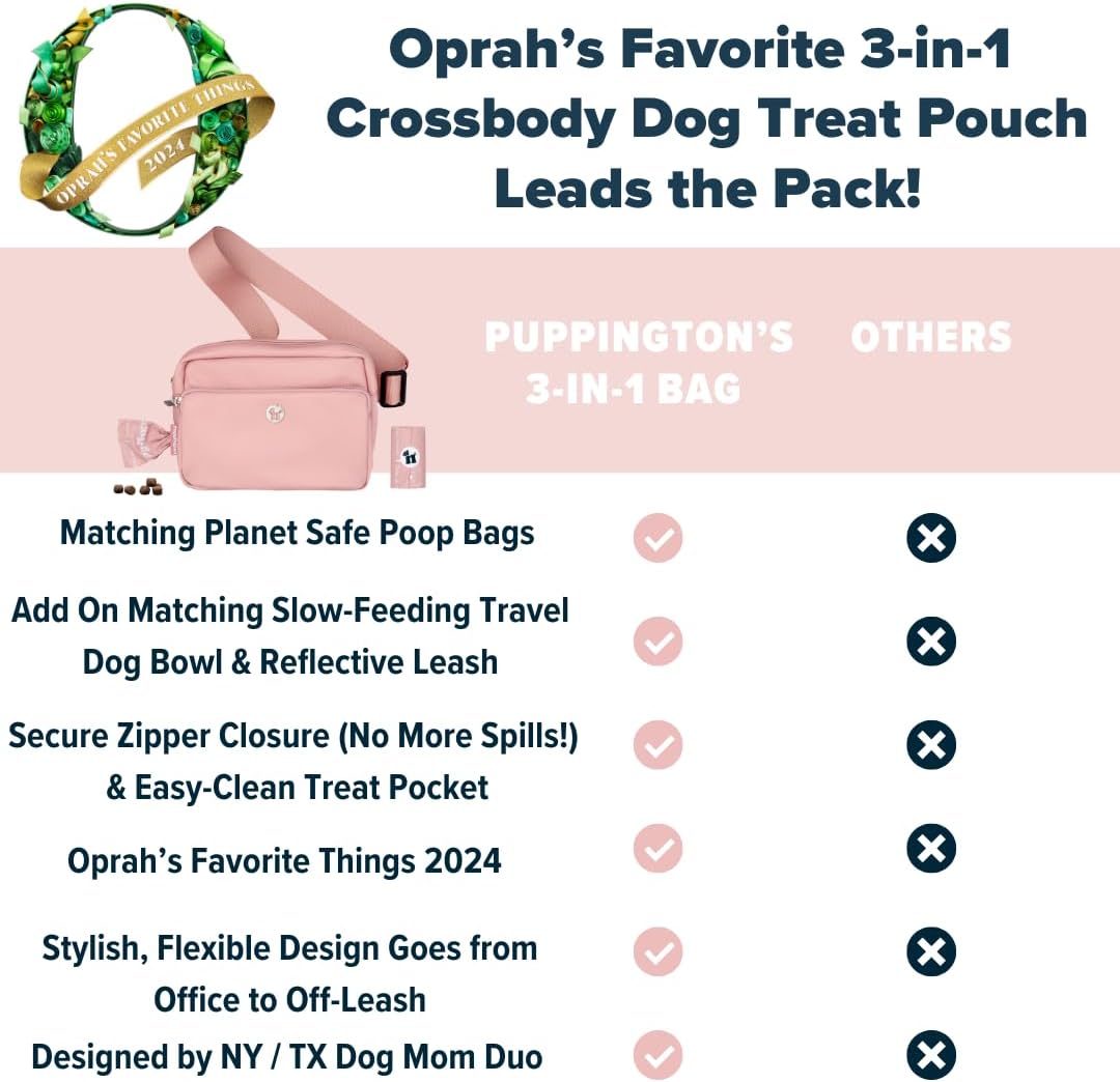 3-in-1 Crossbody Dog Treat Pouch for Pet Training - Compostable Poop Bags, Built-In Poop Bag Dispenser, Slow-Feeding Travel Dog Bowl & Reflective Leash - Dog Walking Bag (Blush Pink)